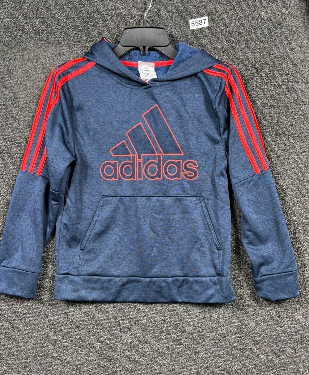 Adidas Hoodie Boys Medium 10/12 Blue Red Pullover 3-Stripes Logo Fleece Athletic